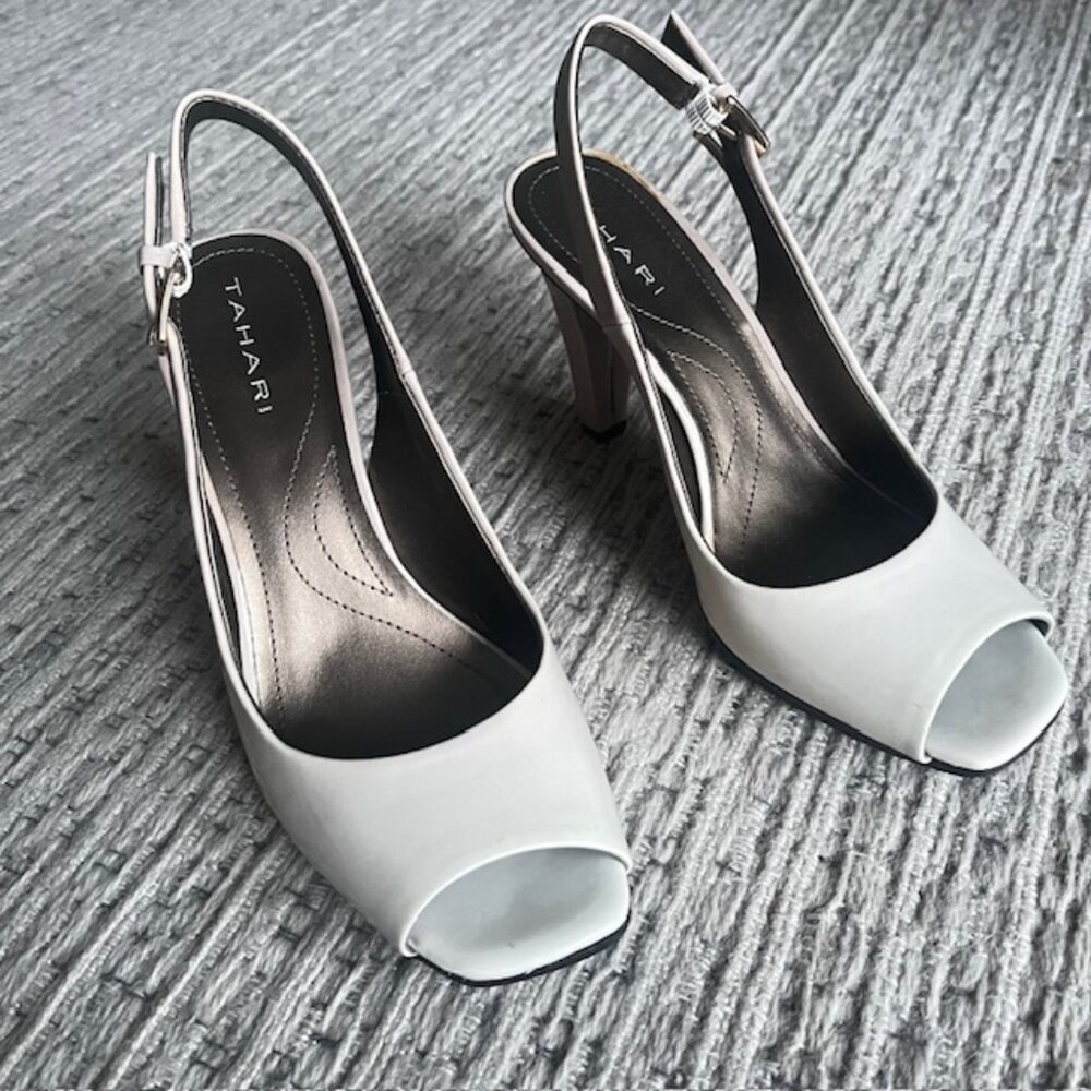 Tahari Patent off white (cream) slingback, open toe shoes, size 6 1/2.